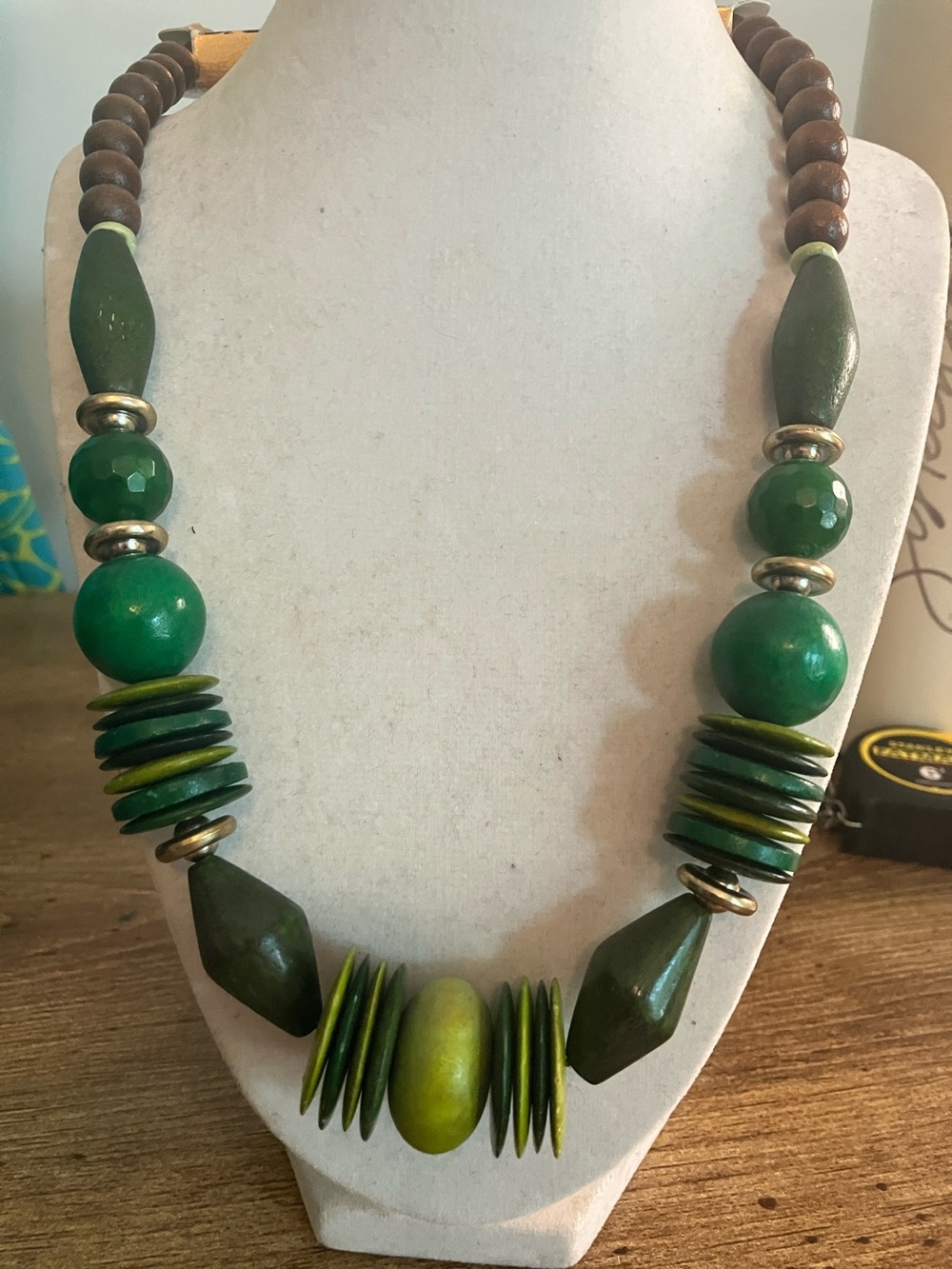 Hand Crafted Natural Olive and Brown Layered Bead Statement Necklace